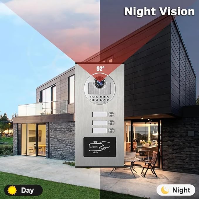 ANJIELO SMART Wired Video Multifamily Apartment Intercom System,2/3/4/6/8/10/12 Units 7 inch Monitor Video Door Phone Kit,Video Doorbell, ID Card Unlock, 2 Way Audio for Home (1 doorbell + 3 Monitor)