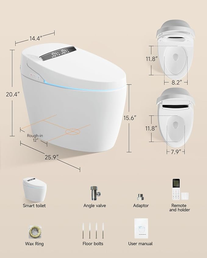 WANSID Smart Toilet,Advance Bidet with Heated Seat Smart with Bidet Built In,Tankless Toilet with Warm Water Sprayer and Dryer, Foot Sensor Operation,LED Display