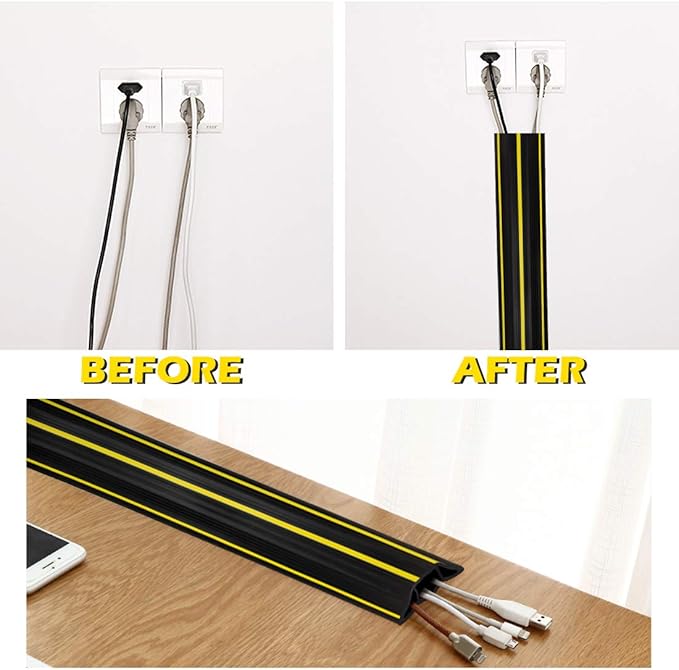 20Ft Cord Covers for Wires on Floor, 3-Channel Floor Cord Cover with Anti-Slip Base & Yellow Warning Strips, Extension Cord Covers for Floor, Ideal for Home, Office, Outdoor Use