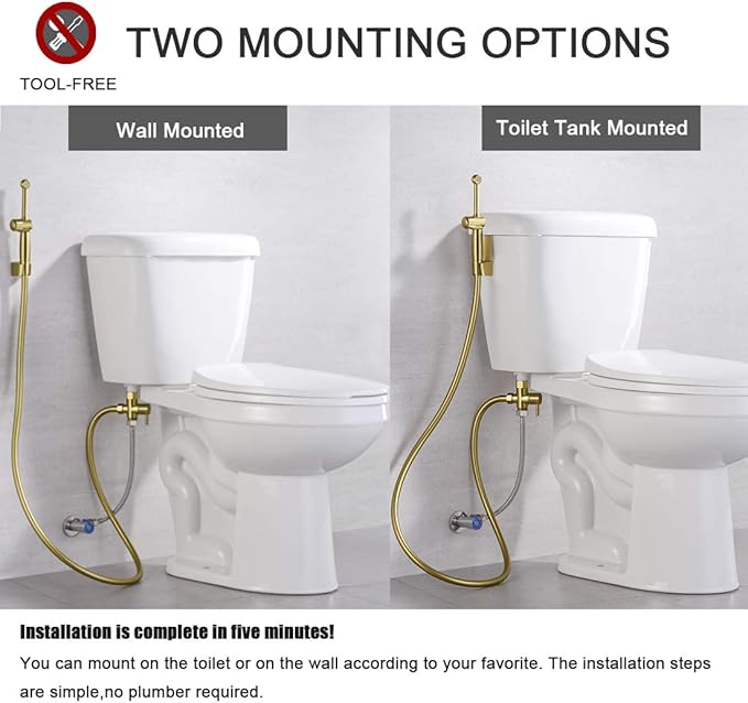 Handheld Bidet Toilet Sprayer, Brass Hand Held Bidet Attachment Cloth Diaper Toilet Sprayer with Backflow Preventer, Adjustable Water Jet Spray for Toilet with 7.9" Long Bidet Wand, Brushed Gold