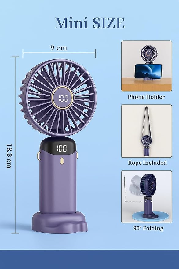 AMPMG LED Digital Display Rechargeable Fan – Portable Handheld & Desk Fan with Adjustable Speeds, USB Charging, Quiet Operation, and Base Stand for Home, Office, Travel and Outdoor Use