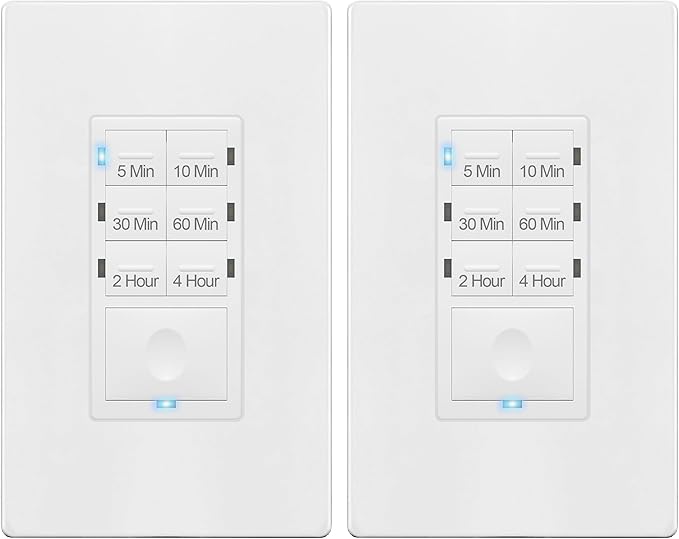 ENERLITES 4-Hour Countdown Timer Switch, 5-10-30-60 Min, 2-4 Hour, for Bathroom Fans, Lights, 120VAC Neutral Wire Required, UL Listed, HET06-W-2PCS, White, 2 Pack