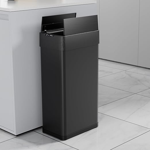 TLSUNNY 16 Gallon Automatic Trash Can, Stainless Steel Motion Sensor Garbage bin, Smart Trash Can W/Butterfly Lid, Bag Retainer Ring and Display Light for Living Room,Kitchen,Office (Black, 60L)