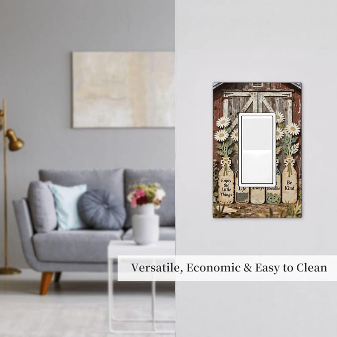 Bvtewkhz Rustic Daisy Barn Door Flowers 1 Gang Single Rocker Decorative Light Switch Covers Electrical Faceplate Switch Plates for Bathroom Kitchen Home