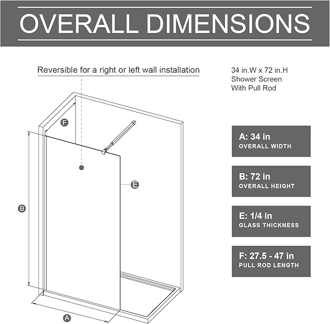 Goodyo 34"- 46" x 72" Glass Shower Door Clear Tempered Glass Panel Fixed Shower Screen for Walk-in Bathroom Matte Black Finish (34" W x 72" H Privacy Black)