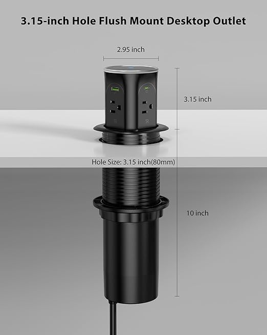 Motorized Pop Up Outlet,2 PD 45W USB C Charging Station, 3.15 in Hole Desktop Power Grommet Electrical Power Outlets Insert in 4AC 4 USB Ports 15W Wireless Charger for Kitchen Countertop