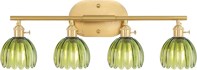 Shenmoyl Bathroom Light Fixtures, 4-Light Brass Vanity Wall Light Over Mirror with Green Tulip Glass Shade for Bedroom Living Room (Bulb Not Included)