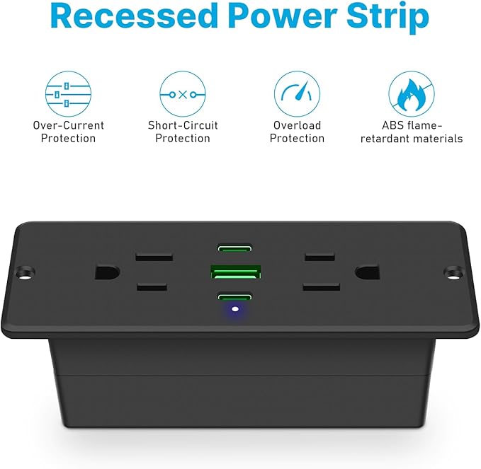 CCCEI Recessed Power Strip with Outlet and 45W USB C Ports, Furniture Flush Mount Power Strip, Small Desk Hidden Outlet for Conference Table, Nightstand, Black, 10FT.