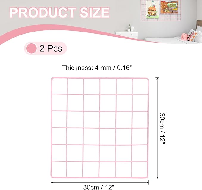 PATIKIL 12"x12" Wire Grid Panel, 2 Pack Board Photo Pictures Memo Display Grid Panels Hanging Organizer Wall Decorative Panel for Home Office Wedding, Pink