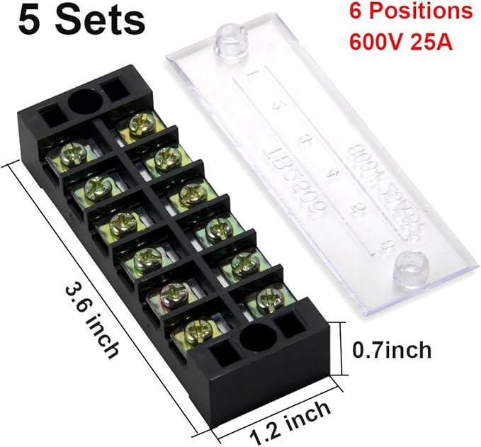 MILAPEAK Terminal Block and Strip - 5pcs 6 Positions 600V 25A Dual Row Screw Terminal Strip with Cover + 10pcs 400V 25A 6 Positions Pre-Insulated Terminal Barrier Jumper Strips Black & Red