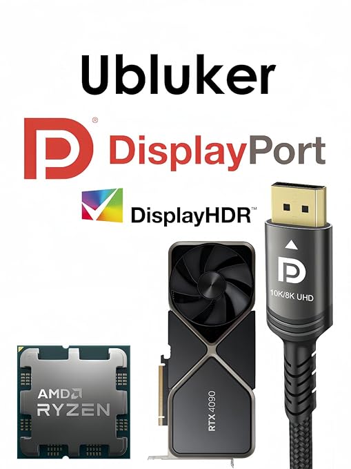 Ubluker 10K 8K DisplayPort 2.1 Cable 54Gbps 8 FT, Certified DP to DP Cord 4K 240Hz 165Hz 144Hz 120Hz 10K 8K 120Hz Nylon Braided UHBR HDCP2.3 FreeSync G-Sync RTX5090 Gaming Monitor PC Projector