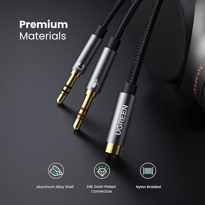UGREEN Headphone Splitter for Computer 3.5mm Female to 2 Dual 3.5mm Male Braided Audio Splitter Cable Microphone Stereo Jack Earphones Port Cord Gaming Headset to PC Laptop Adapter Black