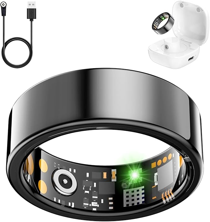 Smart Health Ring for Women Men, Fitness Tracker Ring with Heart Rate, Blood Oxygen, Sleep Tracker, Step Tracker, No Subscription Fee, IP68 Waterproof Smart Ring for iphone & Android (Black, 13#)