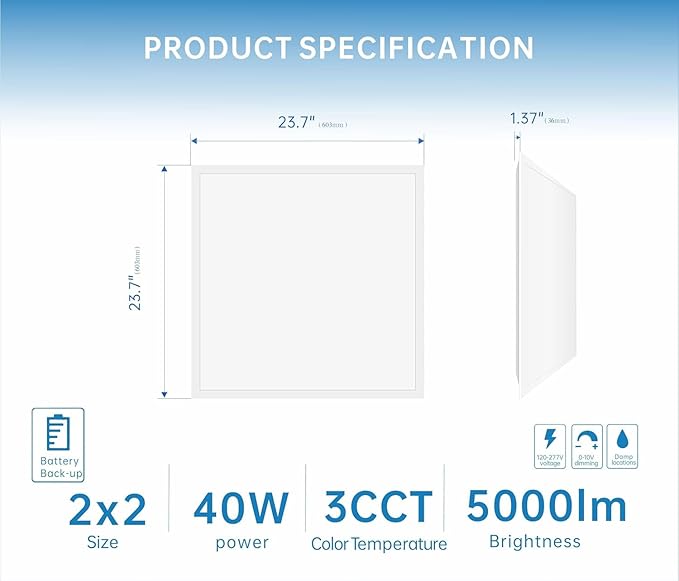 2X2 LED Flat Panel Light Emergency Battery Backup, 40W-3000K/4000K/5000K, 0-10V Dimmable, 4390 Lumens, LED Drop Ceiling Light, 100-277V, DLC and UL Listed, Ultra Thin Back-Lit (16 Pack)