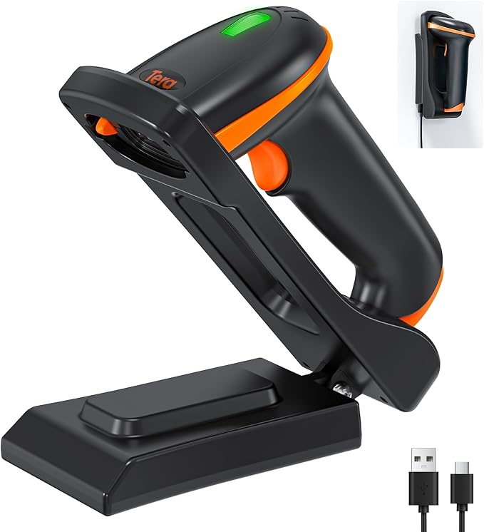 Tera 1D 2D QR Barcode Scanner with Adjustable Folding Stand and Charging Cradle, Wall Mountable 2.4G Wireless & USB 2.0 Wired QR Bar Code Reader with Vibration Alert Model D5100-Fold