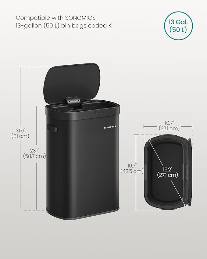 SONGMICS Motion Sensor Trash Can, 13-Gallon (50 L) Automatic Garbage Can with Soft Close Lid, Stainless Steel, Wave or Touch to Open, Includes 15 Bags, Ink Black ULTB640B01
