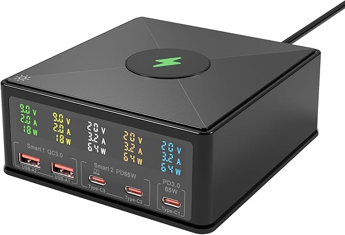 USB Charger Station Multi Port: Desktop 160W Power Fast Charging Hub Wall Block PD 3.0 – 5 Ports with Wireless Pad & Digital Display