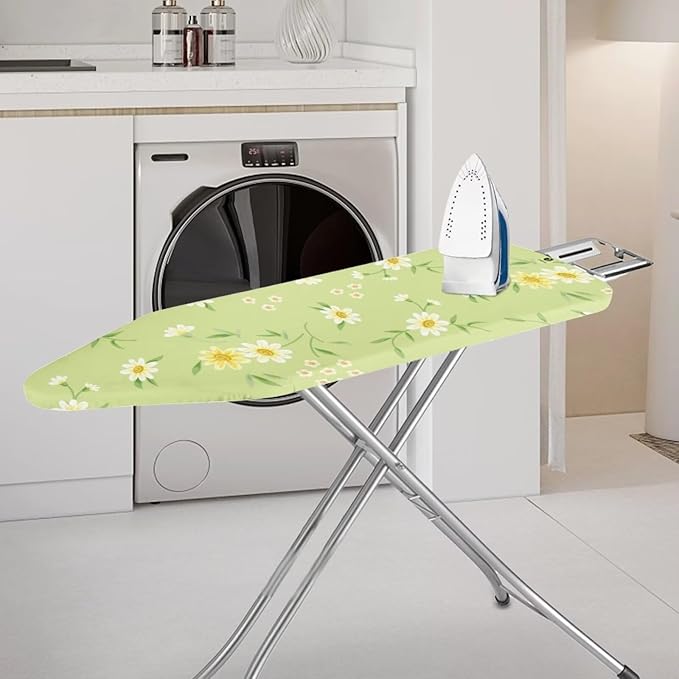 ZCFYGDX Fresh White Daisy Print Ironing Board Cover, Resist Scorching & Staining, Easy to Install Resistant Elastic Edges, 3 Nylon Buckle Straps Fasteners, Protective Scorch Cloth Covers Size-S