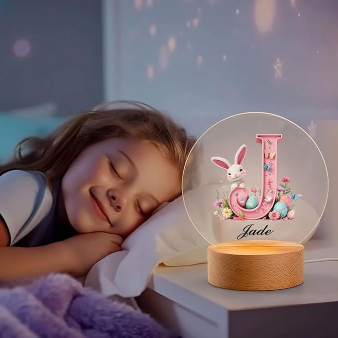 idooodle Personalized Pink Bunny Easter Egg 3D Initial LED Night Light with Name & Wooden, Base Room Decor, Birthday Party Easter Gift for Kids