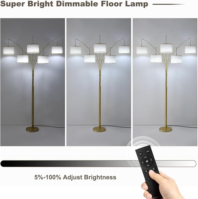 Fansdrick Gold Floor Lamps for Living Room, 4000LM Super Bright Arc Floor Lamp with Remote Control, Large Tall Floor Lamps with Stepless Dimmable, 80" Mid Century Tree Floor Lamp for Bedroom, Office