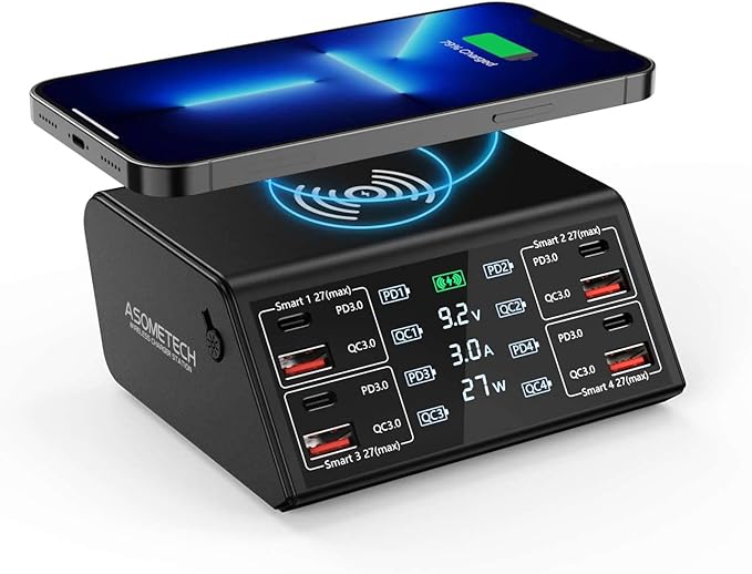 USB Charger, ASOMETECH 100W 8 Port Multiple USB Charging Station with 4 Quick Charge 3.0, 4 USB C PD Port, Wireless Charger, LCD Display Fast Charging Hub for iPhone 13 12 iPad Samsung and More