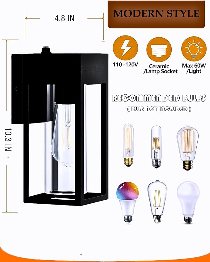 LWSOY 2-Pack Outdoor Wall Light Fixtures, Waterproof Exterior Wall Lanterns, Porch Lights with E26 Sockets & Cylinder Glass Shades, Modern Matte Black Wall Sconce for Porch Patio Garage