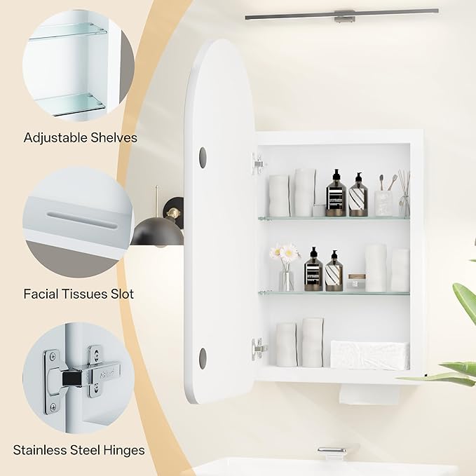 Arched Bathroom Medicine Cabinet with Mirror, No Assembly Needed, Recessed or Surface Mount Wall Storage Cabinet, Mirror Cabinet with Tissue Slot (Bevel, 31.5" L x 19.7")