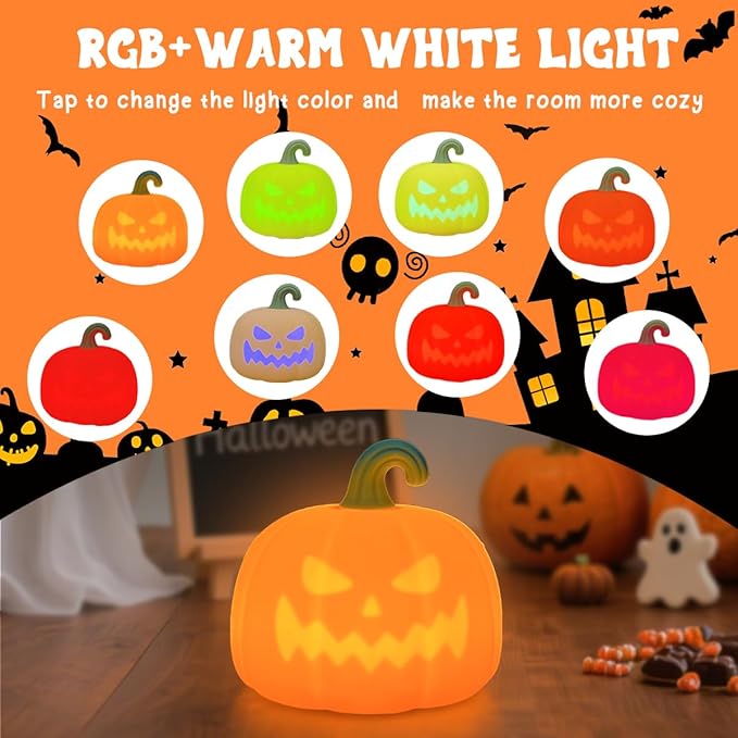 LEDHOLYT Night Light for Kids, Cute Silicone Nursery Pumpkin Lamp for Baby and Toddler, Halloween NightLight for Boys and Girls,Squishy Kawaii Bedside Lamp for Kids Room