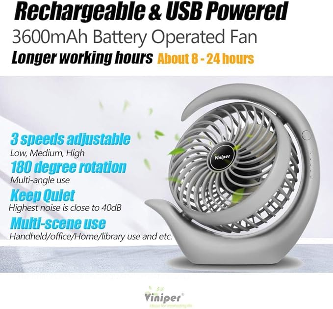 Viniper Portable Rechargeable Fan, Small Desk Fan : 3 Speeds & about 8-24 Hours Longer Working, 180° Rotation, Portable Fan Small but Mighty, Strong Wind (Grey, Light Black Blade)