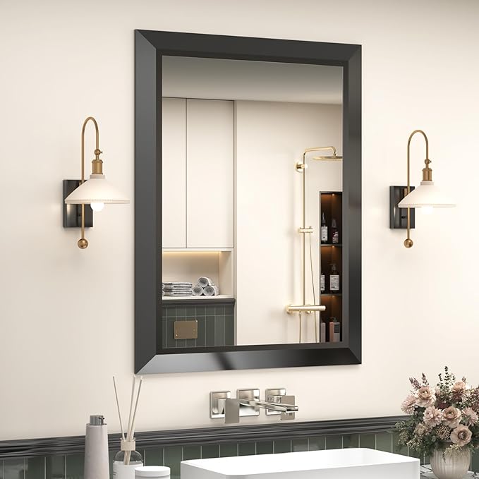 SMIROR Matte Black Bathroom Mirror for Over Sink 28x 36 inch, Metal Thick Frame Rectangle Vanity Mirror for Wall, Anti-Rust, Horizontally or Vertically Mounted