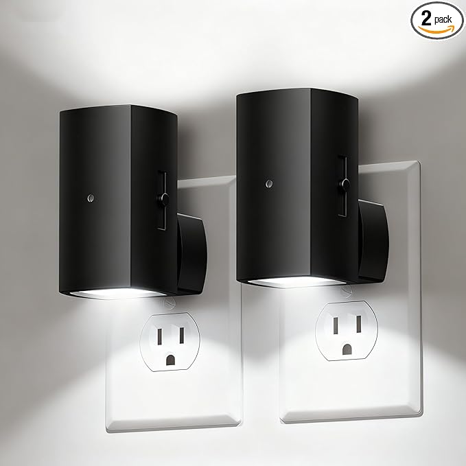 Brightown 2 Pack Black Night Lights Plug into Wall, Modern Night Light with Rotating Plug, Dusk to Dawn Sensor, 0-100LM Stepless Dimming Aora Night Light for Hallway Bedroom Bathroom, Pure White