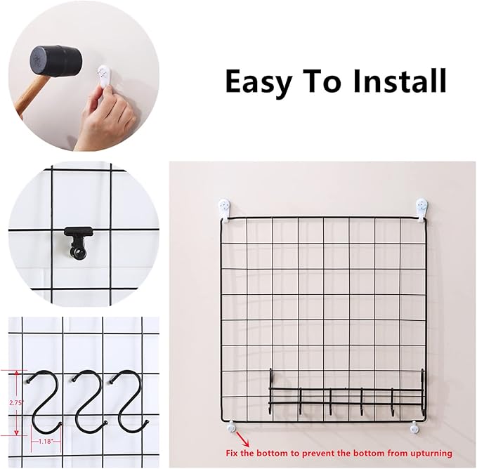 Feadily 6 Pack Metal Grid Panel, 13.8" x 13.8" Black Wire Grid Wall Organizer for Photos, Notes & Decor, Include 2 Hook Racks