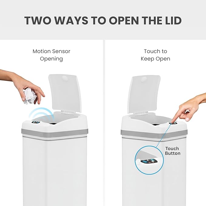 iTouchless 13 Gallon Kitchen Trash Can with Odor Filter, Automatic Motion Sensor Bin, Soft-Close Stainless Steel, Slim Wastebasket for Narrow Spaces, White