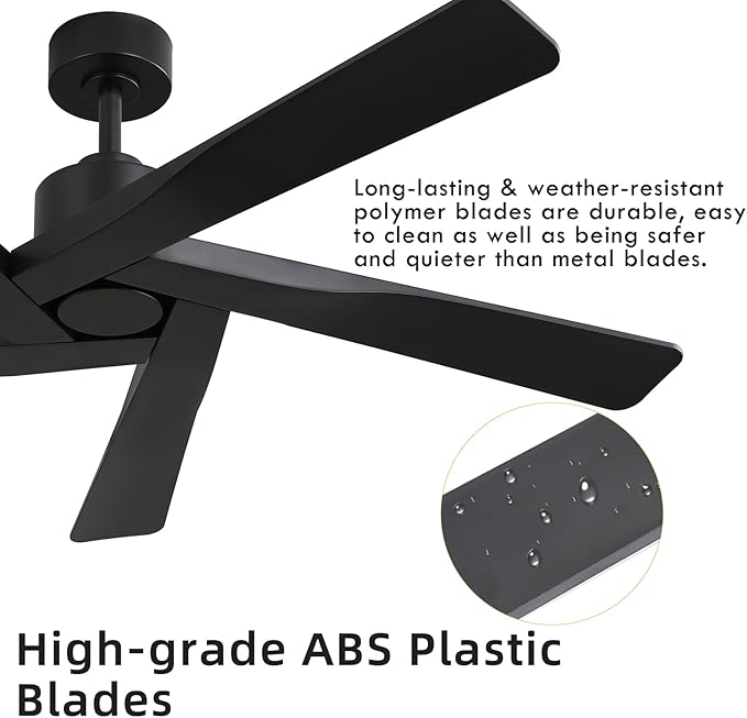 WINGBO 54" ABS DC Ceiling Fan No Light, 5 Blade ABS Plastic Ceiling Fan with Remote, 6-Speed Reversible DC Motor, Ceiling Fans without Light for Kitchen Bedroom Living Room, Matte Black