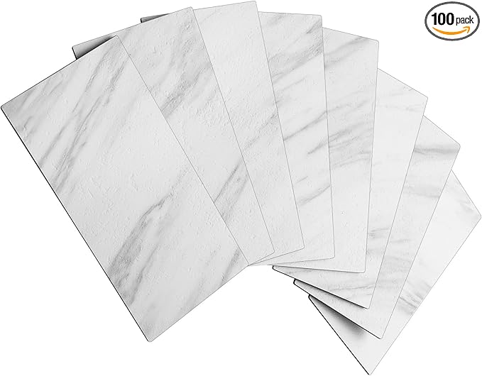 AULIGET 100-Piece White Marble Look Peel and Stick Backsplash Wall Tiles, 3" x 6" PVC Faux Stone Stick on Tile for Backsplash Kitchen, Bathroom, Laundry Room, Camper, Fireplace