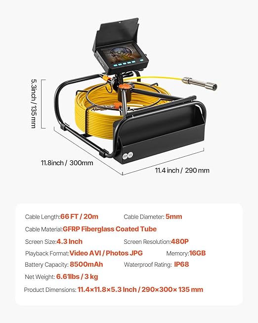 VEVOR Sewer Camera, 65.6 ft/20 m, 4.3" Pipe Drain Inspection Camera with DVR Function and LED Lights, Waterproof IP68 Borescope, Industrial Endoscope for Home Wall Duct Drain Pipe Plumbing
