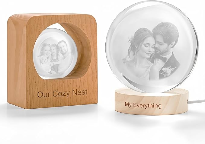 Yijhpbc Custom 3D Crystal Photo Night Light Personalized Photo Crystal Ball Engraved Picture Lamp with Wood Base Memorial Gift for Pets Family Couple Birthday Valentine's Day (Style 2)