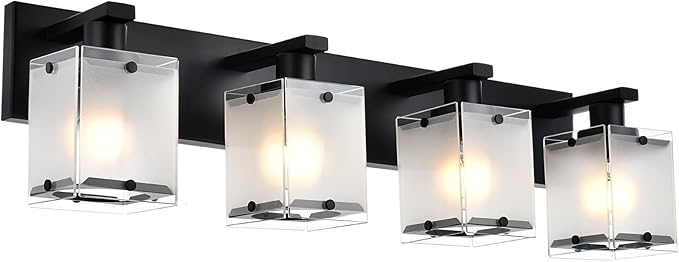 WINSHEN 4-Lights Bathroom Vanity Lighting Over Mirror, Black Bathroom Wall Light Fixtures with Frosted Rectangular Glass Shade for Bath Living Room, E26 Bulb Base