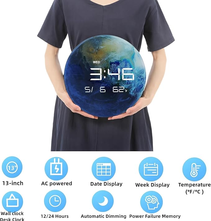 Nbdeal 13" Digital Wall Clock with LED Display, Calendar & Temperature, Automatic Dimming, 12/24hr Format, USB Powered, Wall & Desk Use - HUI-8859