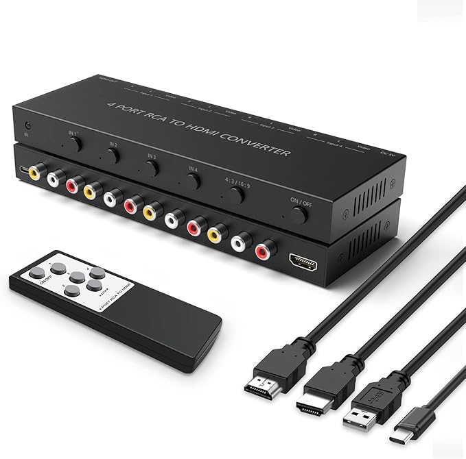 RuiPuo 4Port AV to HDMI Converter, 4Port AV to HDMI Switcher with IR Remote, Support 16:9/4:3 and Quick Switch Compatible with WII/N64/SNES/Xbox/PS1/PS2/PS3/VHS/VCR/DVD Players etc.(4AV In-1HDMI Out)