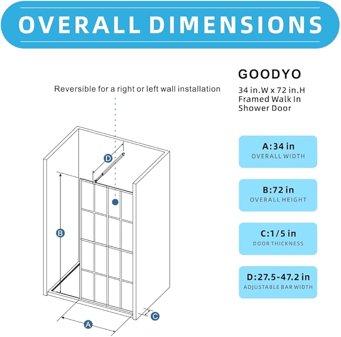 Goodyo 34" x 72" Shower Door Tempered Glass Shower Screen with Tool Bar Towel Rack for Walk in Bathroom 16-Grid Modern Design, Matte Black Finish
