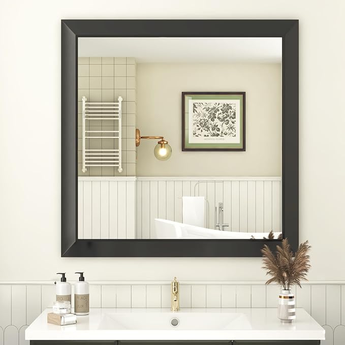 SMIROR Matte Black Bathroom Mirror for Over Sink 32x 32 inch, Metal Thick Frame Rectangle Vanity Mirror for Wall, Anti-Rust, Horizontally or Vertically Mounted