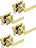 Mengico 4 Pack Passage Door Levers Gold Finish, No-Locking Keyless Square Door Knob, Interior Door Handles for Closet and Hallway, Reversible for Left & Right Handed