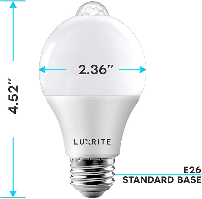 LUXRITE A19 LED Motion Sensor Light Bulbs, 60W Equivalent, Motion Activated Dusk to Dawn Sensor, 3000K Soft White, 800 Lumens, Security Light Bulb, Indoor/Outdoor, UL Listed, E26 Base (6 Pack)