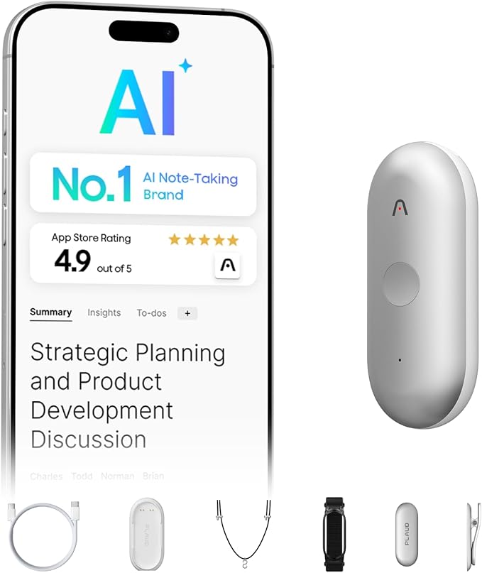 Plaud NotePin S AI Voice Recorder, Wearable AI Notetaker, AI Transcribe & Summarize, Support 112 Languages, 64GB Memory, Audio Recorder for Meetings Interviews with 4 Accessories, Silver