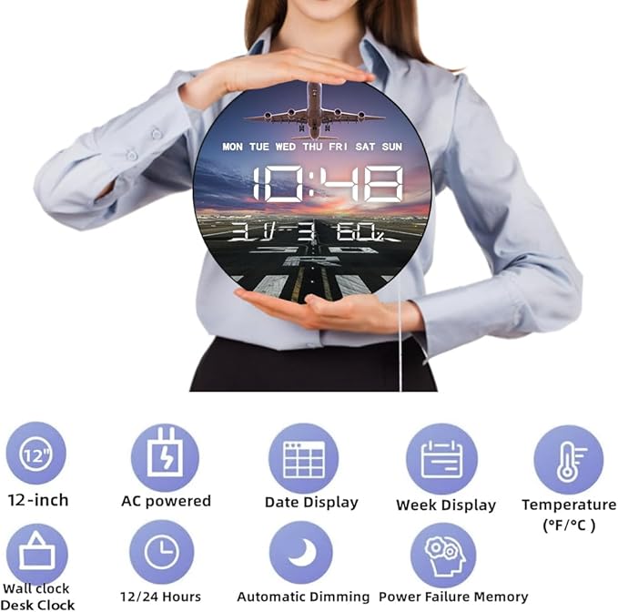 Timethink 12'' Airplane Digital Wall Clock Large Display, Aviation Electric Wall Clock Smart Dimming, Temperature, Humidity, 12/24hr, Date, USB Powered for Office Bedroom Pilot Aviator Retirement Gift