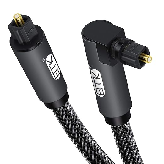 EMK 90 Degree Toslink Optical Cable 360 Degree Free-Rotating Plug Fiber Optic Cable S/PDIF Toslink Male to Male for Home Theater, Sound Bar, TV, PS4, Xbox,Grey (5ft/1.5m)