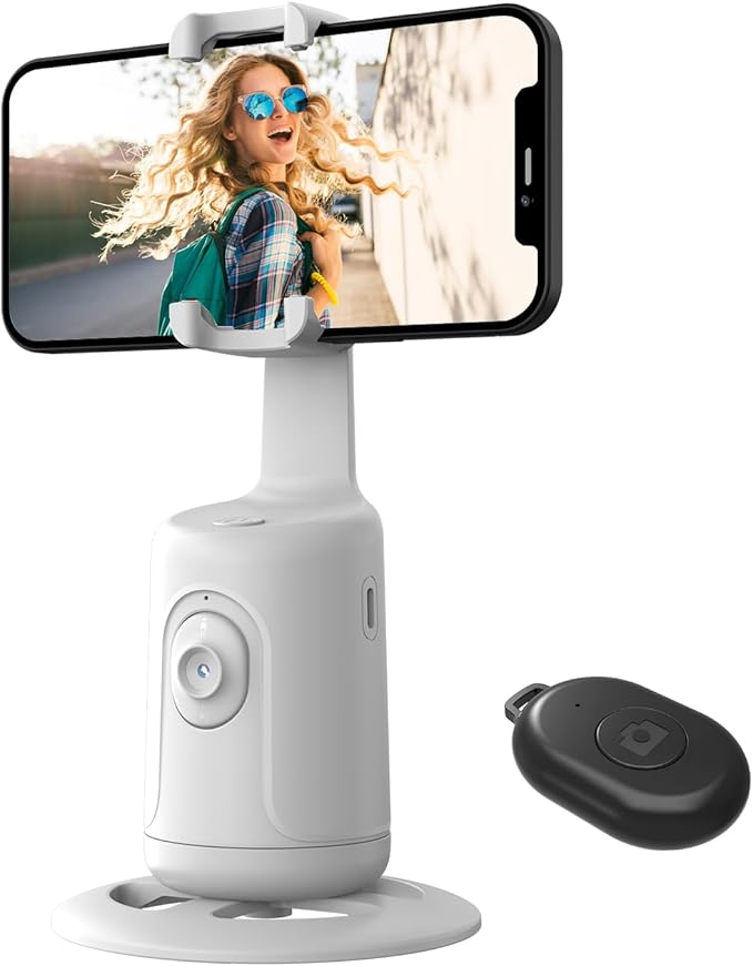 Auto Face Tracking Tripod, 360° Rotation Face Body Phone Camera Mount Smart Shooting Phone Tracking Holder with Remote,No App, Gesture Control,Smart Shooting Holder for Vlog, Streaming,Tiktok-White