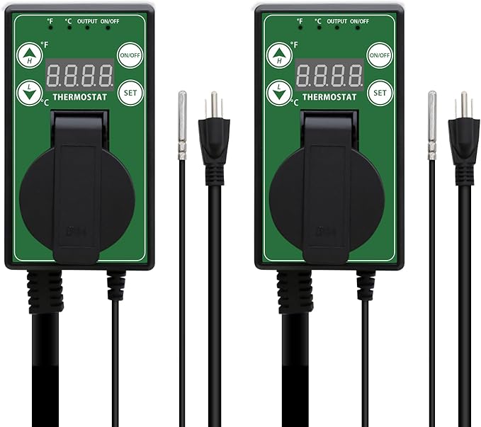 COOS BAY Digital Thermostat Controller -4 to 108°F, Temperature Control for Greenhouse Heater, Heat Mat, Grow Tent, Garage, Reptile Enclosure, Homebrew, Seedling, 15A/1500W, Green, 2 Pack