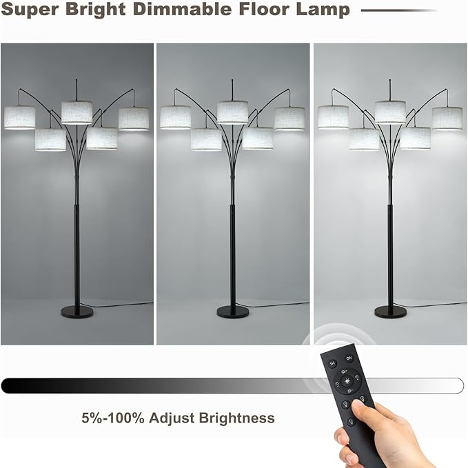 Fansdrick Floor Lamps for Living Room, 4000LM Super Bright Arc Floor Lamp with Remote Control, 5 Light Tall Floor Lamps with Stepless Dimmable, 80" Mid Century Tree Floor Lamp for Bedroom, Office
